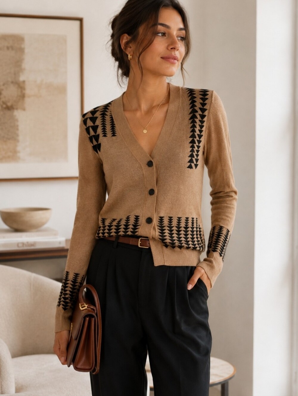 A.L.C. Tan and‎ Black Geometric Cardigan Sweater